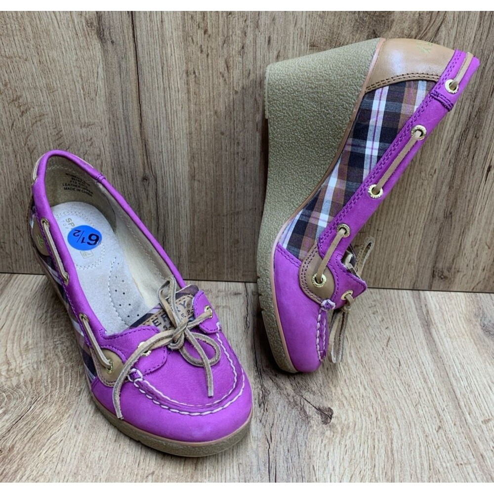 Women’s Sperry Top-Sider Wedge Boat Shoes Pink Plaid Leather Size 6.5M